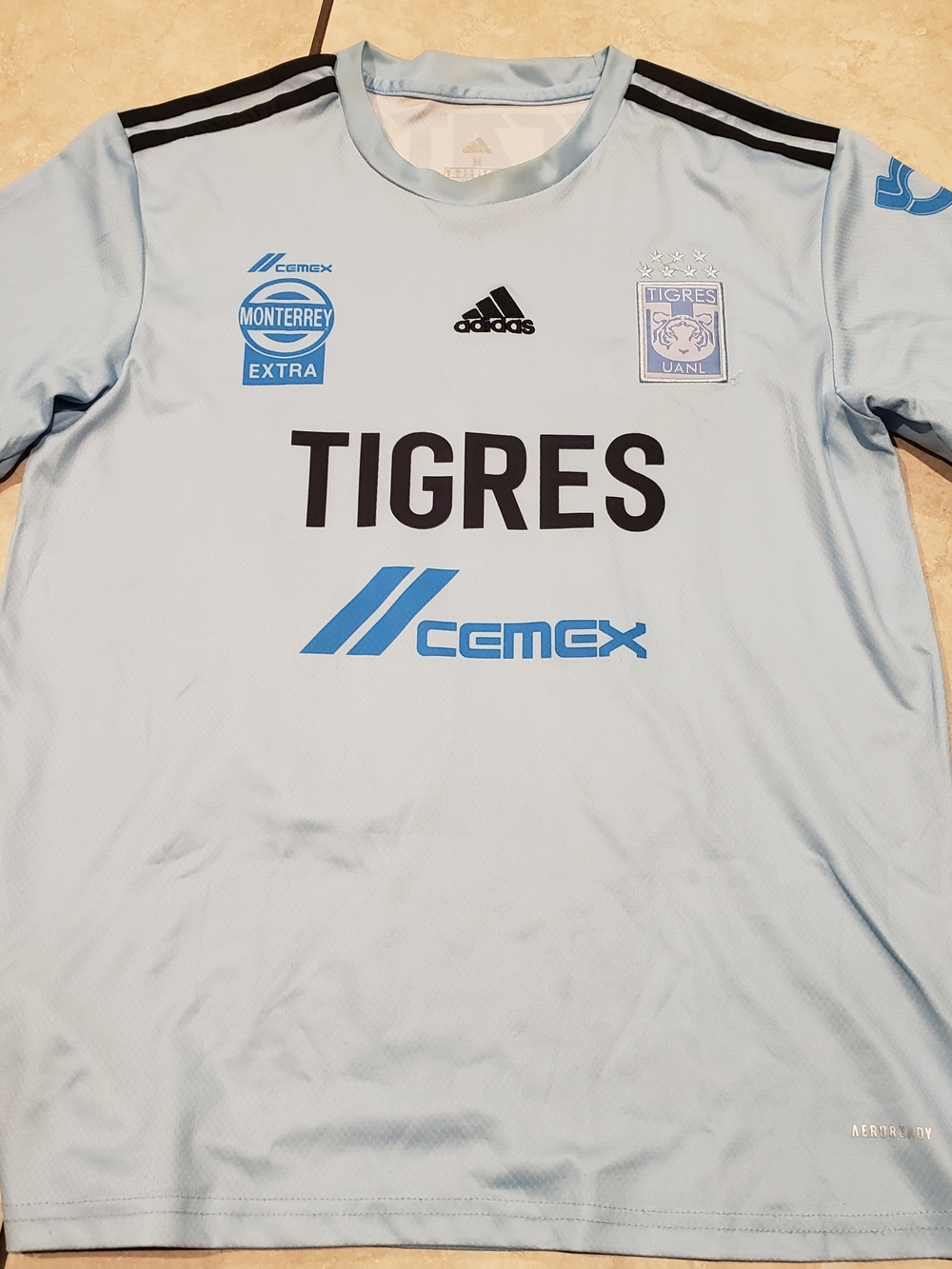 adidas White and Blue Tigres Soccer Jersey with Sponsor Logos